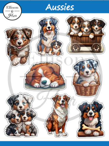 Vinyl Sticker Sheet: Aussies. Cute Australian Shepherd Stickers