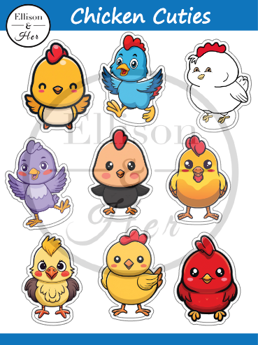 Vinyl Sticker Sheet: Chicken Cuties. Cartoon Chicken Stickers