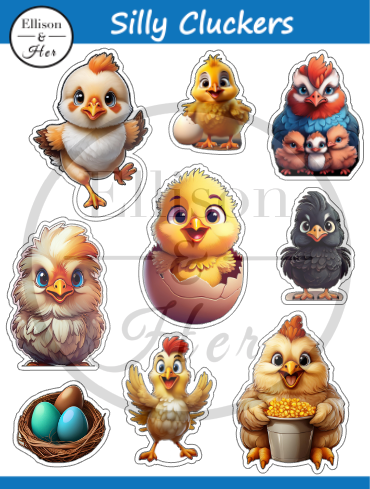 Vinyl Sticker Sheet: Silly Cluckers. Cute Silly Chicken Cartoon Stickers